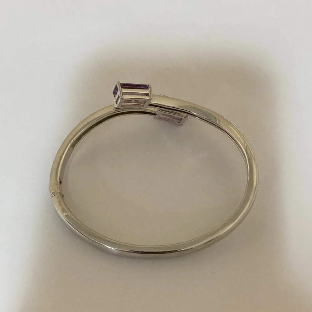 Sterling Silver Amethyst Semi Wrap Bangle Bracelet - Picture 4 of 9